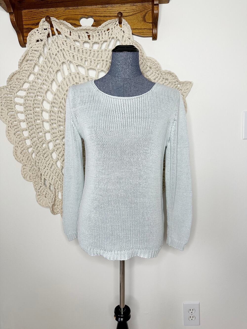 Max Mara Vintage 90s Cotton Open Knit Icy Blue Sweater Size Medium